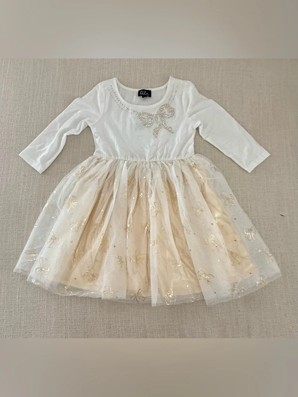 Lilt Girls Size 5 Cream Gold Bow Tulle Party Dress NWT